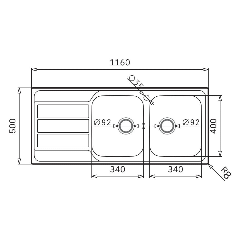 Lavello da incasso Tirreno116 in acciaio inox 2 vasche e gocciolatoio sinistro 116x50x18H