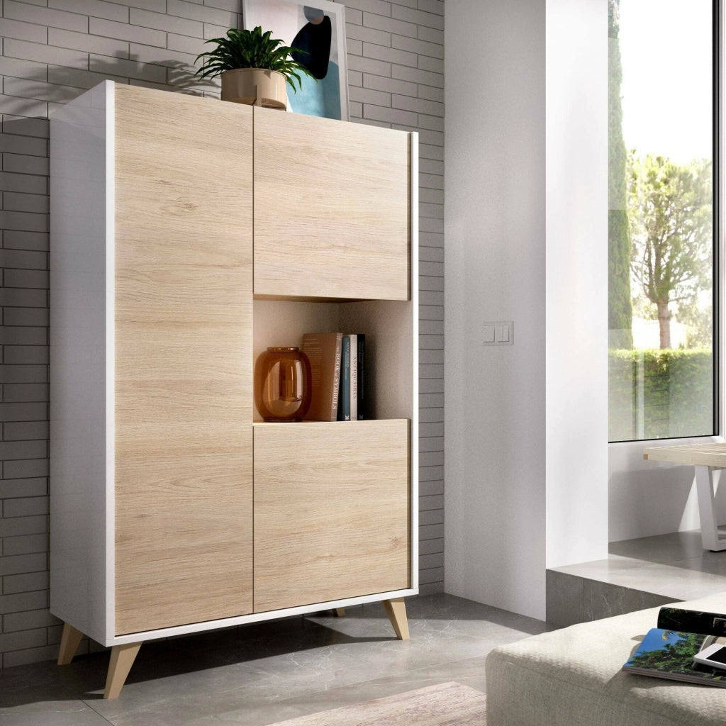Credenza Crono, Buffet alto da soggiorno, Madia moderna da salotto a 3 ante, 81x43h135 cm, Rovere e Bianco