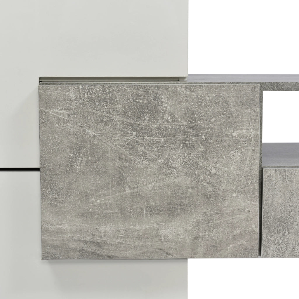 OKWISH Mobile TV con 6 Ante, 2 Cassetti e 3 Vani, LED, MDF, Bianco Lucido e Grigio Cemento, 200 x 35 x 60 cm