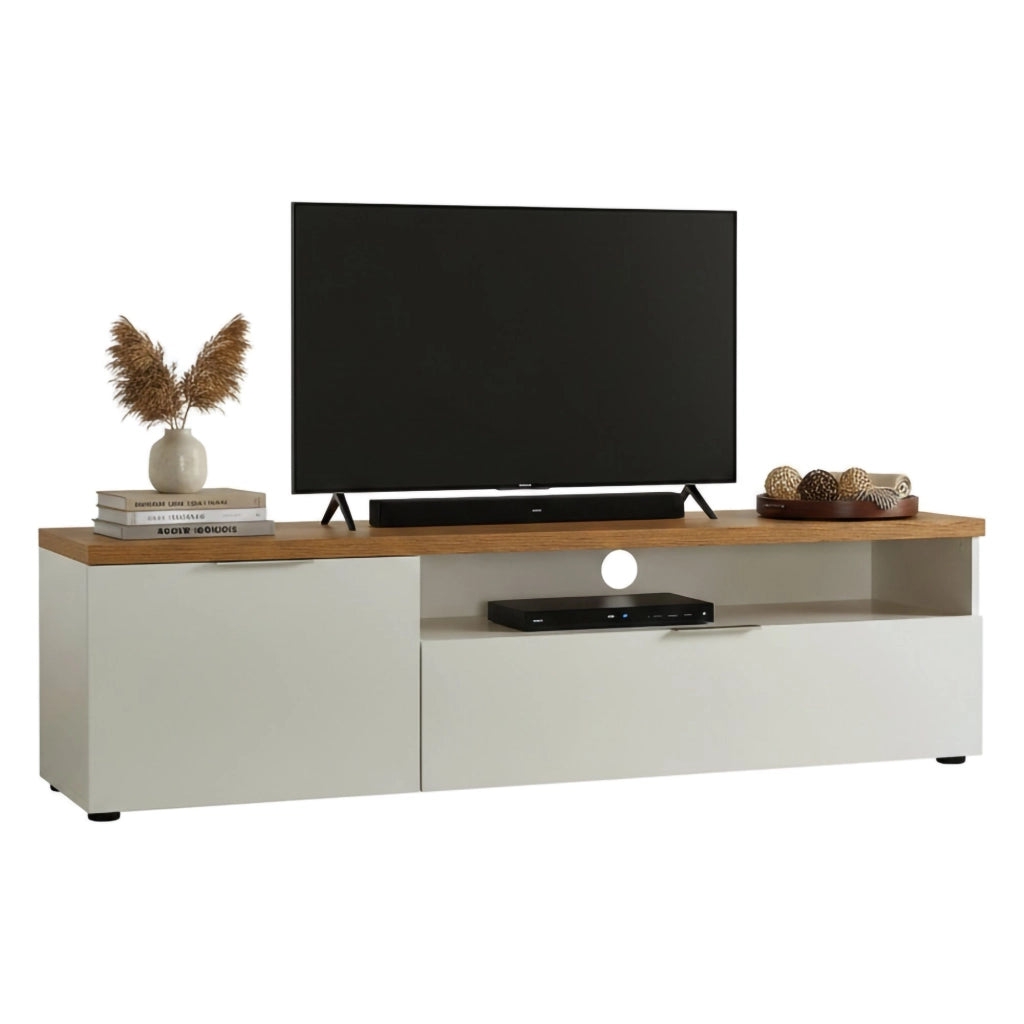 Manama, Mobile Porta tv un Cassetto Made in Italy, 180x48x43h cm Bianco Lucido