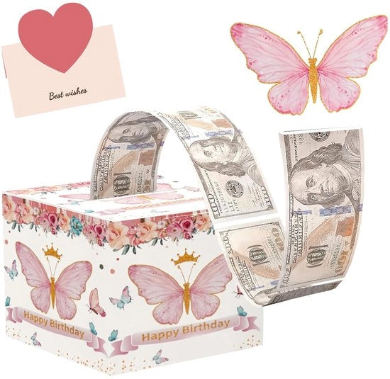 Cassa di risparmio Rosa Farfalla - Cassa di risparmio per il compleanno - Scatola di sorpresa per il denaro - Scatola di cartone - 12x12x12 CM - Inclusa carta di auguri - Scatola di regalo in denaro