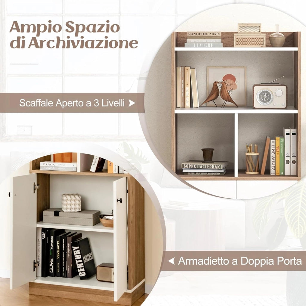 Libreria Scaffale con 2 Ante di Stoccaggio, Libreria Salvaspazio Moderna con 4 Ripiani in Legno Aperti, Mobile Alto Ufficio, per Soggiorno, Camera da Letto, 60 x 30 x 140 cm