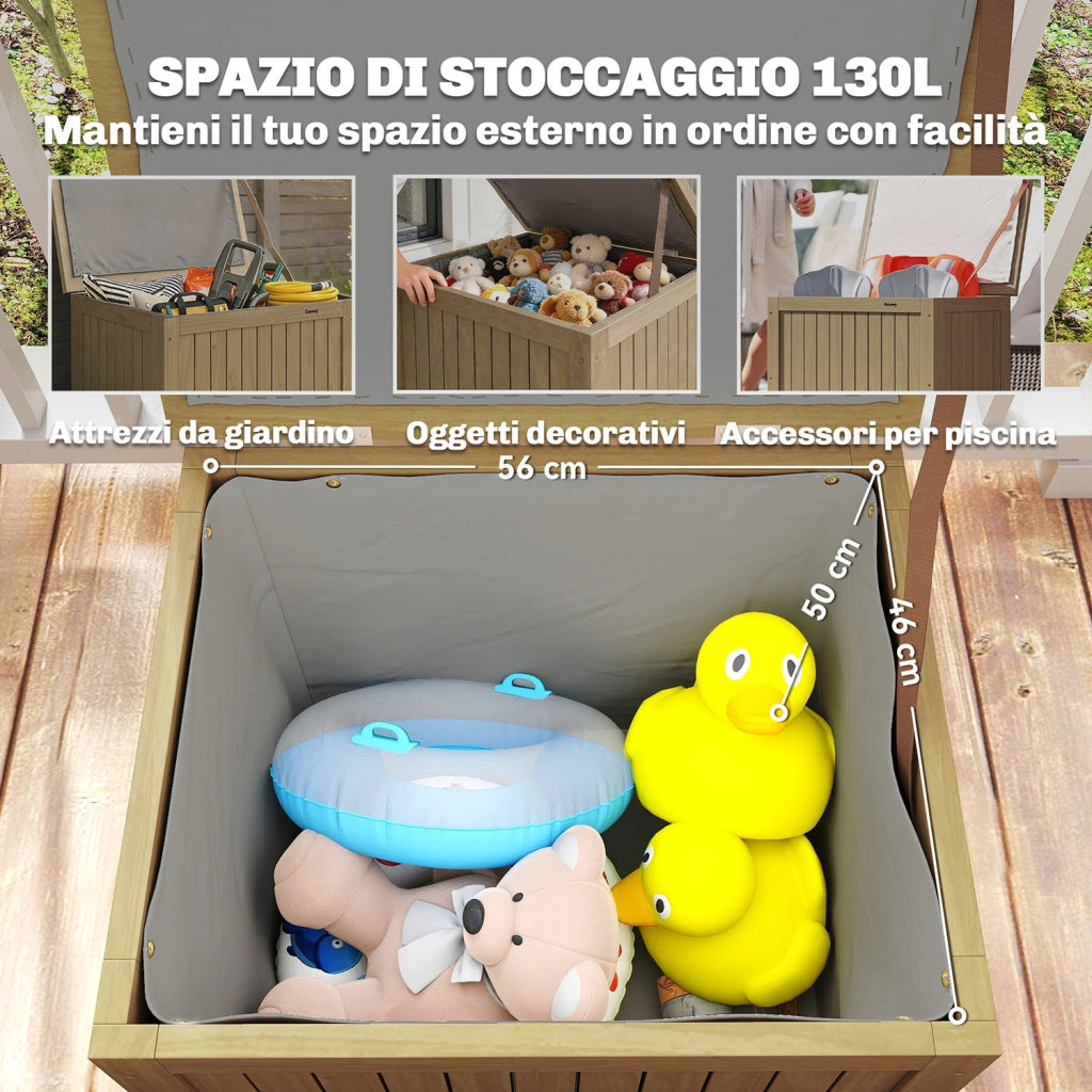 Cassapanca da Esterno 63x51x58,5 cm Capacità 130L con Coperchio Cerniere e Cinghia in Legno Marrone