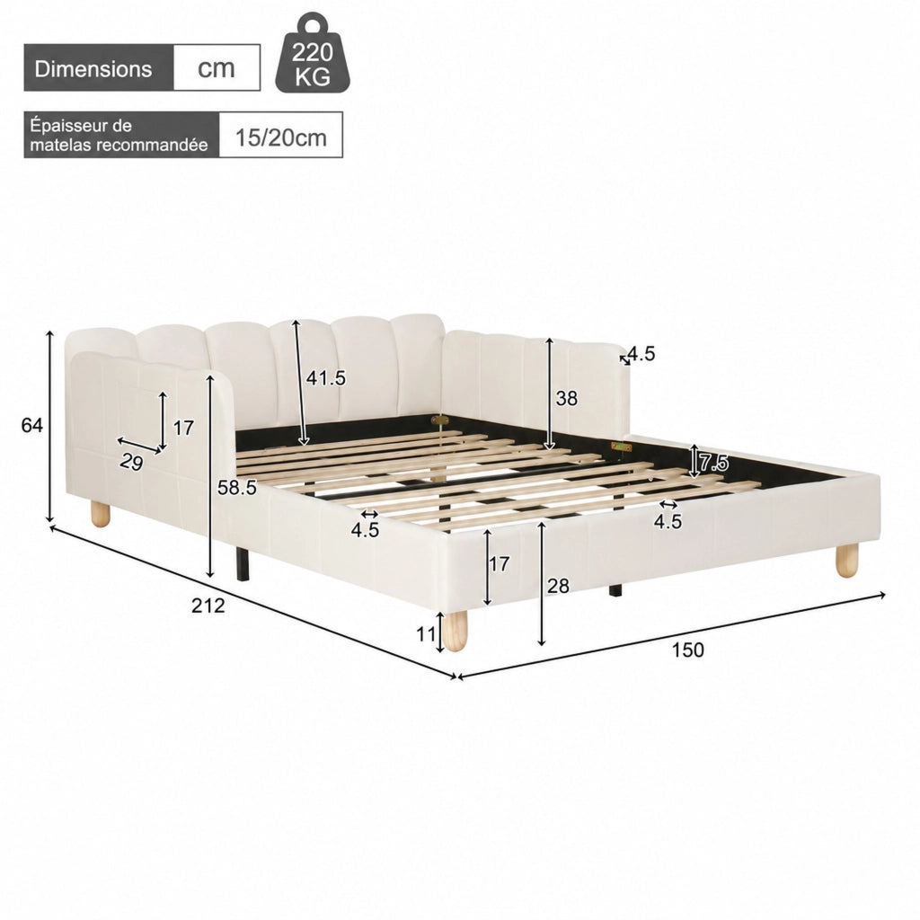 Letto per bambini 140 × 200 cm con barriera di sicurezza, testiera imbottita e tasche laterali, senza materasso, beige