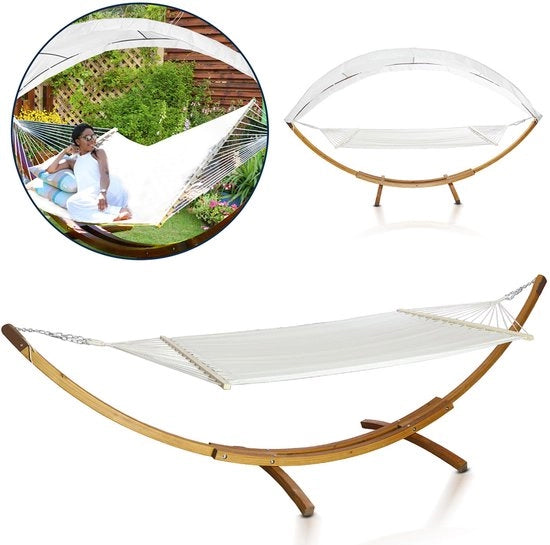 Hangmat con Struttura in Legno – Incluso Ombrellone – 210 × 150 cm – Massimo 200 kg – Per Giardino, Terrazza e Balcone – Hangmattini con struttura standard