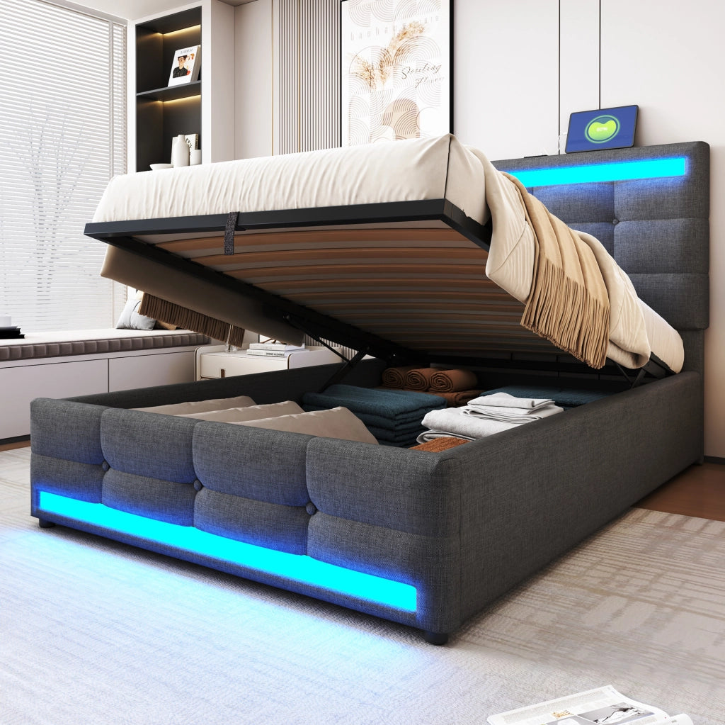 Letto singolo imbottito 90x200 cm con LED RGB e USB grigio