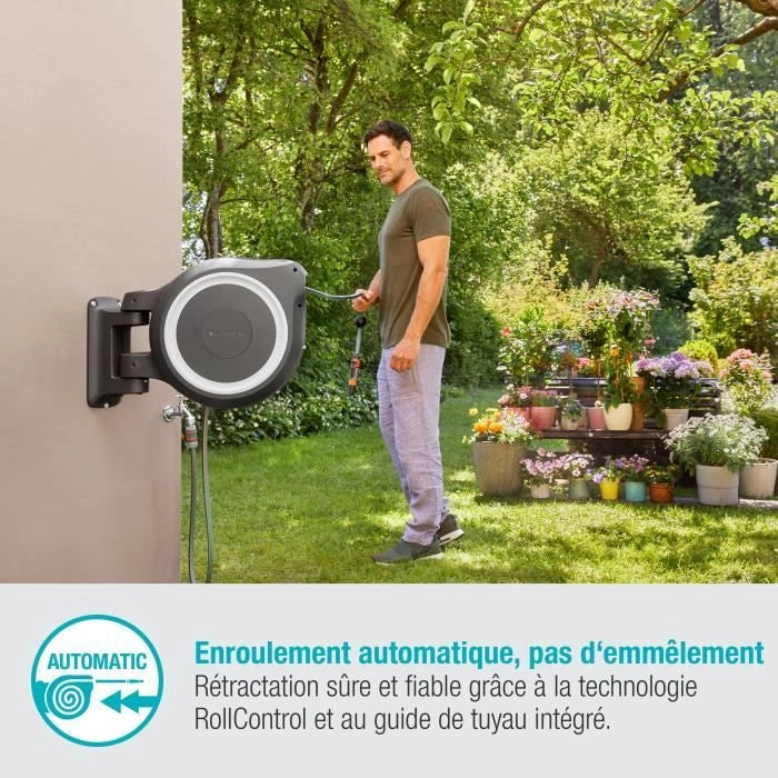 GARDENA Avvolgitubo automatico da parete RollUp M / L 25 m con bordo bianco