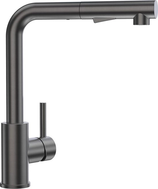 Uscita da cucina con doccia, miscelatore per cucina, con 2 tipi di getto, maniglia a un giro, in acciaio inox lucidato, rotativo 360 gradi, grigio-nero