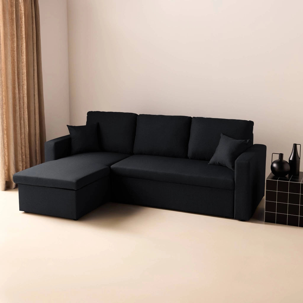 Divano letto angolare reversibile con contenitore, 3 posti, nero