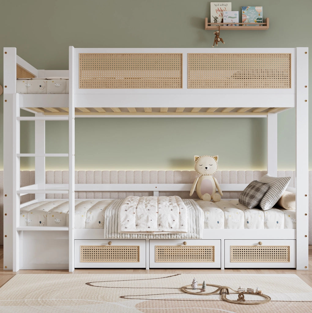 Letto a castello per bambini con 3 cassetti e scala a 4 gradini 90x200 cm