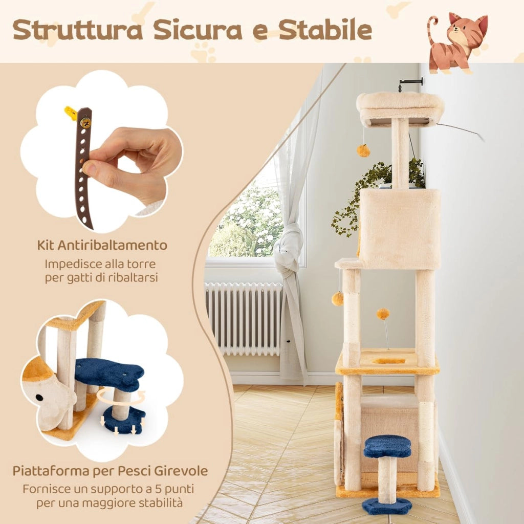 Albero per Gatti da Interno Alto 159 cm, Tiragraffi per Gatti con 2 Condo, Posatoio Morbido Rimovibile e Palo Scratcher in Sisal, Centro Attività Versatile per Animali Domestici