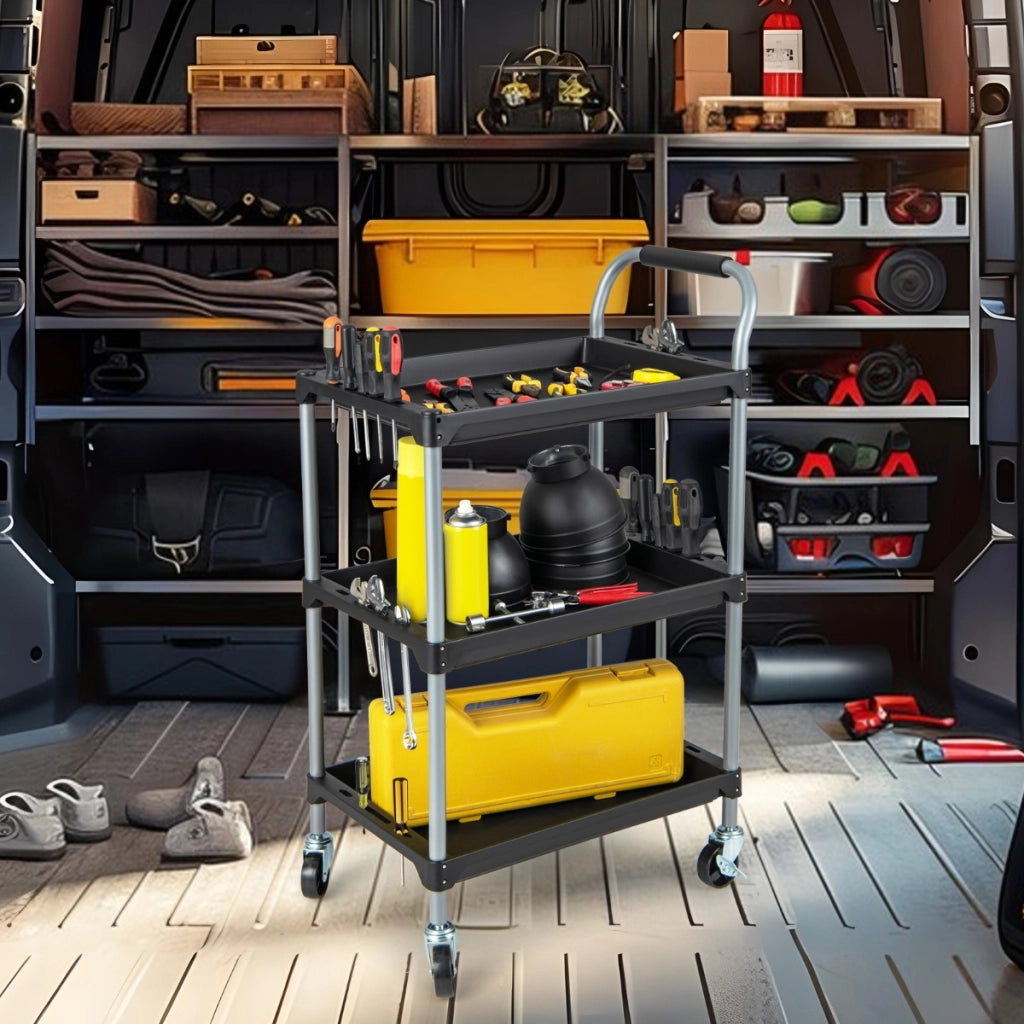 Carrello di grande capacit¨¤ organizzatore di utensili manico imbibito e ruote girevoli-Carrello utensili a 3 strati con ripiani Nero