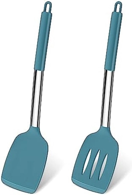 Set di Spatole in Silicone con Manico in Acciaio Inossidabile - Resistente al Calore - Resistente al Lavastoviglie Utensili da Cucina per Cottura e Frittura Blu