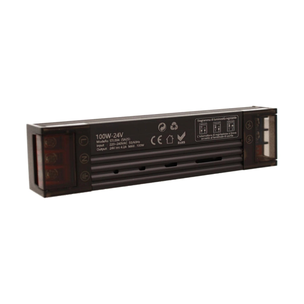 Trasformatore Alimentatore LED Slim Sottile 100W DC 24V AC 220-240V IP20 Dimmerabile a DIP con Coperchio Protezione su Morsetti 150x35x25mm