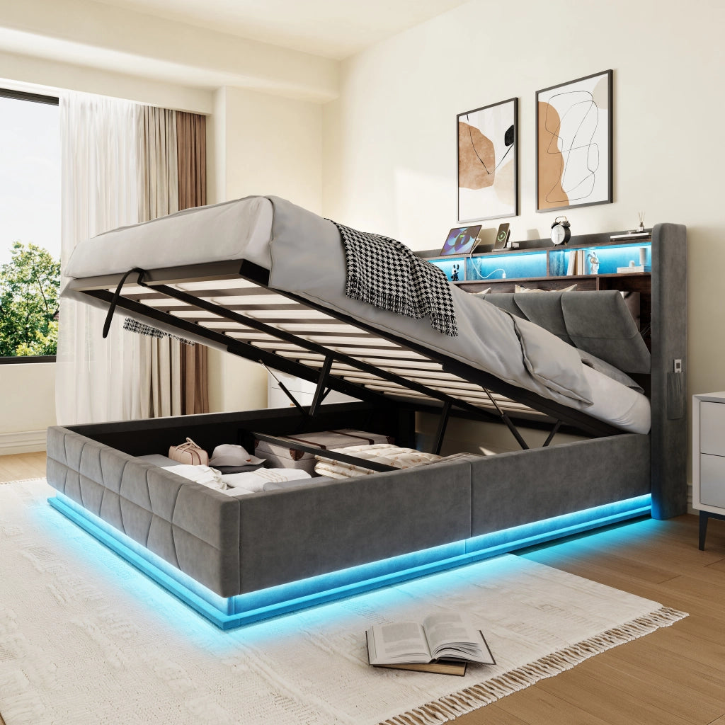 Letto contenitore 140 × 190 cm con LED, ripiani aperti, tasche laterali e USB Type-C, senza materasso, grigio scuro