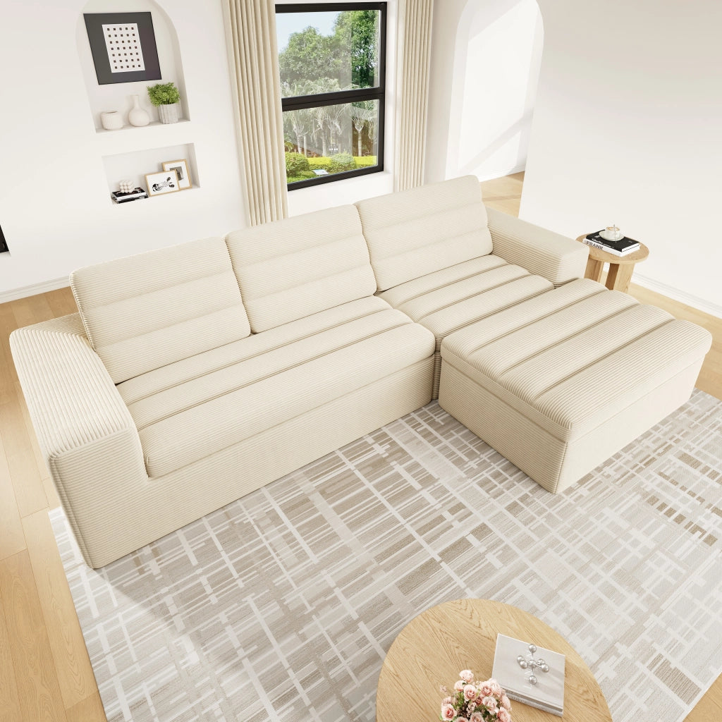 DIVANO Modulare angolare 253x161x89 cm tessuto a coste beige con pouf