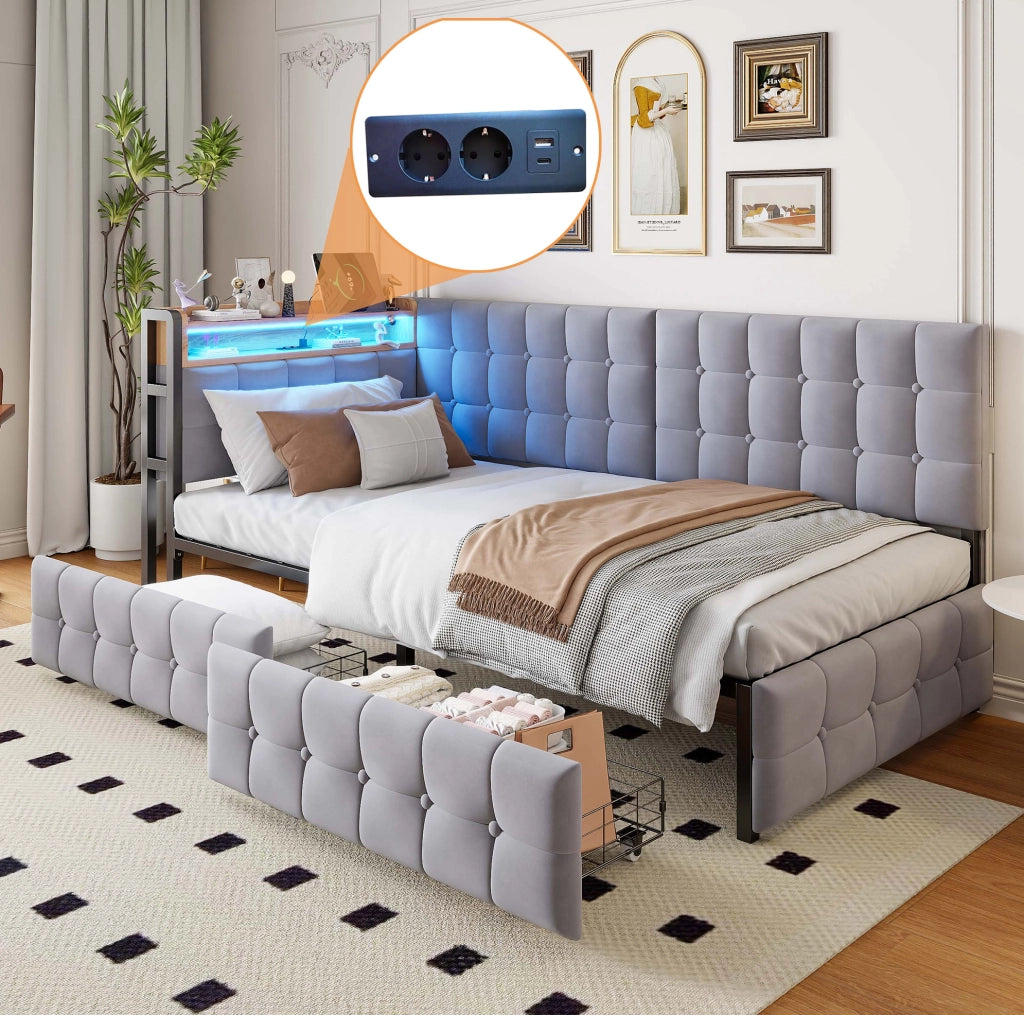 Divano letto 90x200 cm con LED e 2 cassetti in tessuto grigio