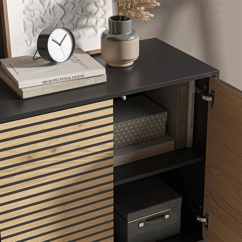 Cassettiera Eliza, Quercia dorata/antracite, 80 x 81.2 cm con 2 porte, Meccanismo push-to-open e superficie facile da pulire