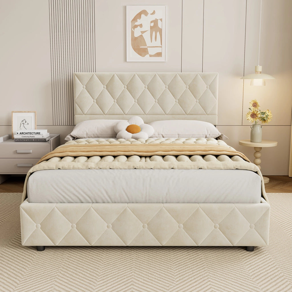Letto matrimoniale imbottito 140x200 cm beige in velluto con rete a doghe e struttura in MDF, compensato e ferro