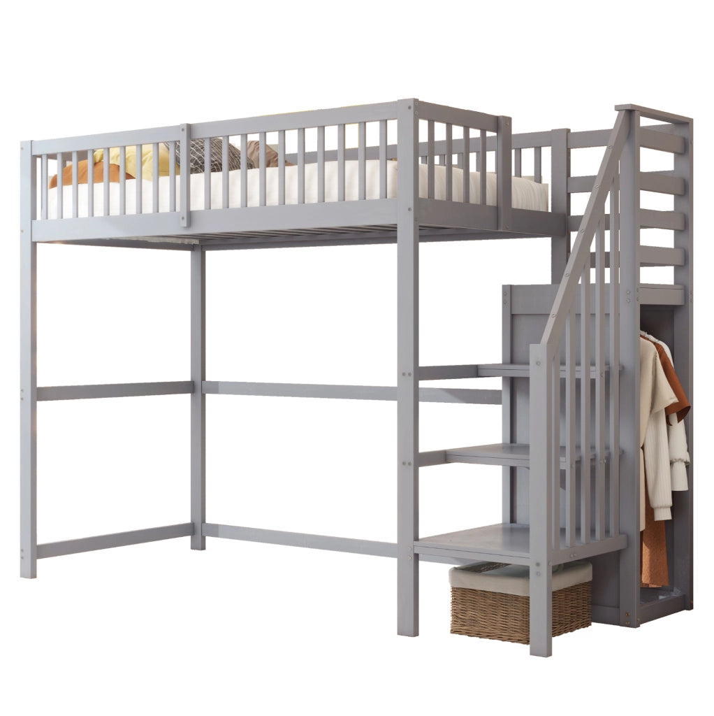 LETTO A CASTELLO 90x200 cm in legno grigio con scala e armadietto