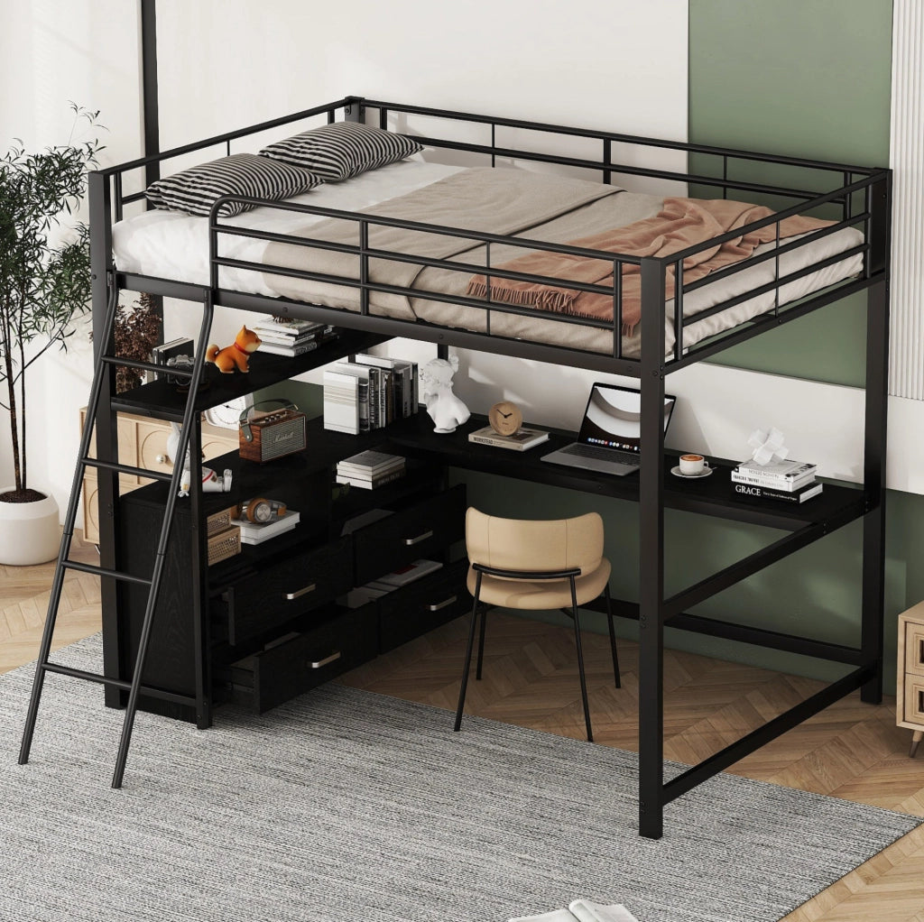 Letto a soppalco 140x200 cm con scrivania a L e cassetti; nero