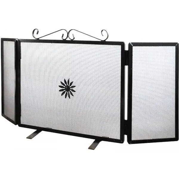 Parascintille per Camino in Ferro Battuto, Artigianale, Nero, con 2 Ante Laterali, Stile Classico, Protezione per Caminetto (61cm + (16cm x 2 antine)60cm h)
