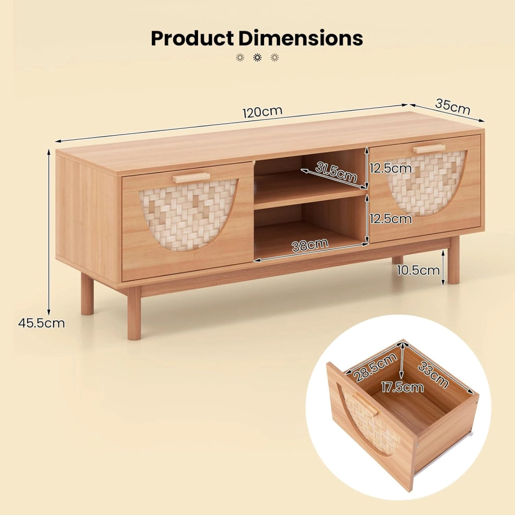 Supporto TV per TV da 55 pollici, mobile TV con 2 cassetti e frontali in bambù, con gambe in legno massello, per soggiorno, camera da letto