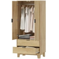 Armadio con 2 ante a chiusura ammortizzata, 2 cassetti e barra appendiabiti, 80x50x180cm, Legno naturale