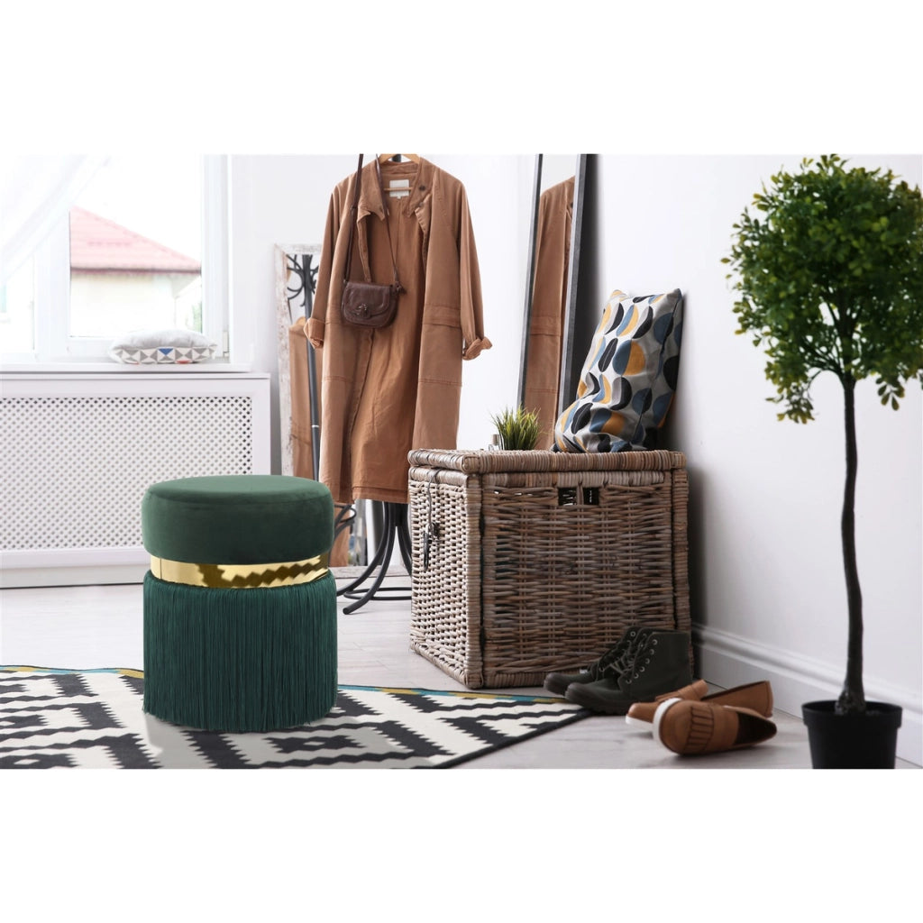 Pouf di design Rebecca con frange e anello dorato verde