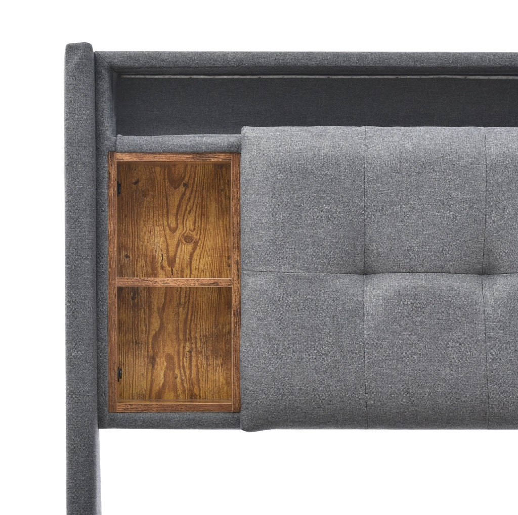 Letto imbottito con testiera contenitore; USB e LED; 160x200 cm; grigio
