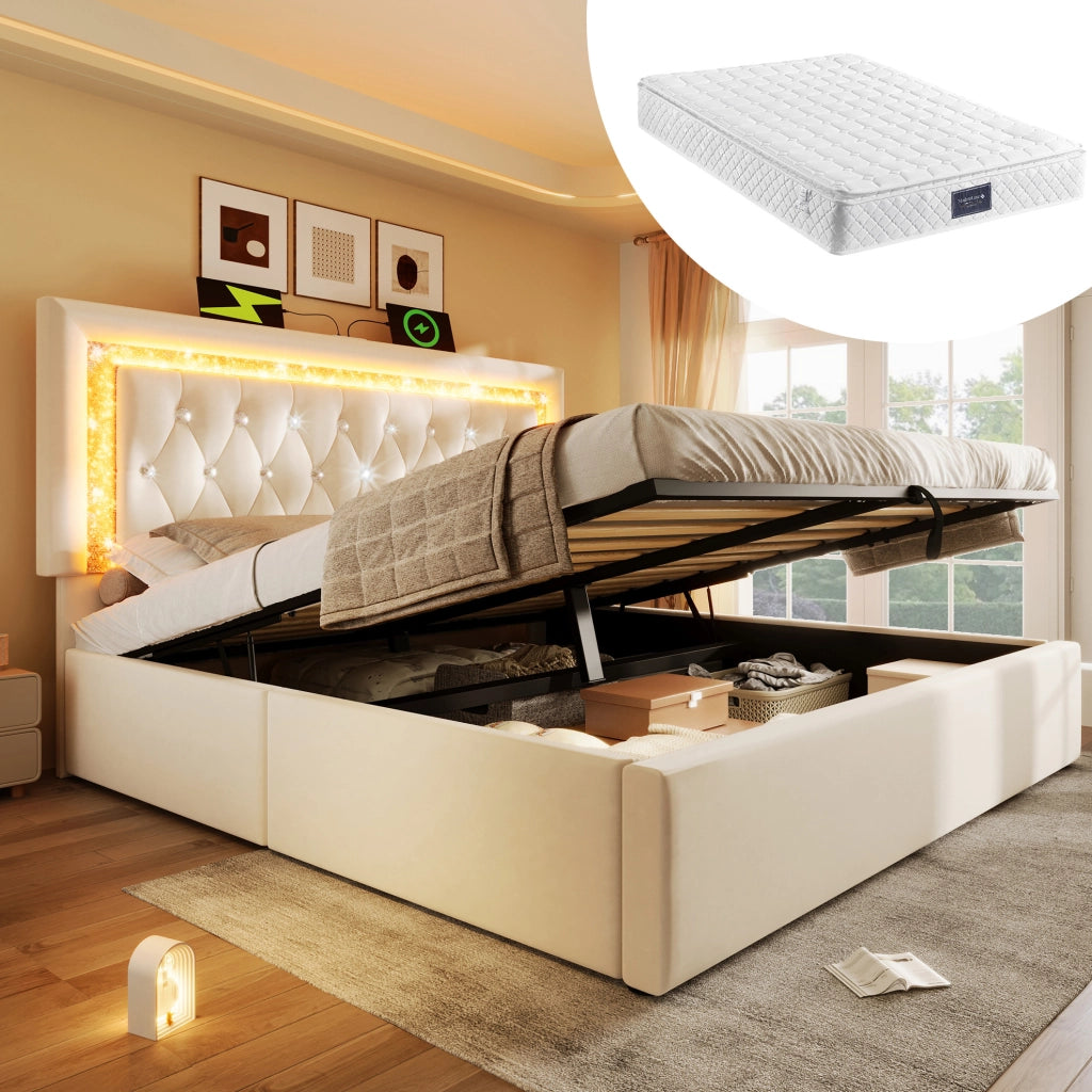Letto matrimoniale 160x200 in velluto con LED, USB-C e materasso