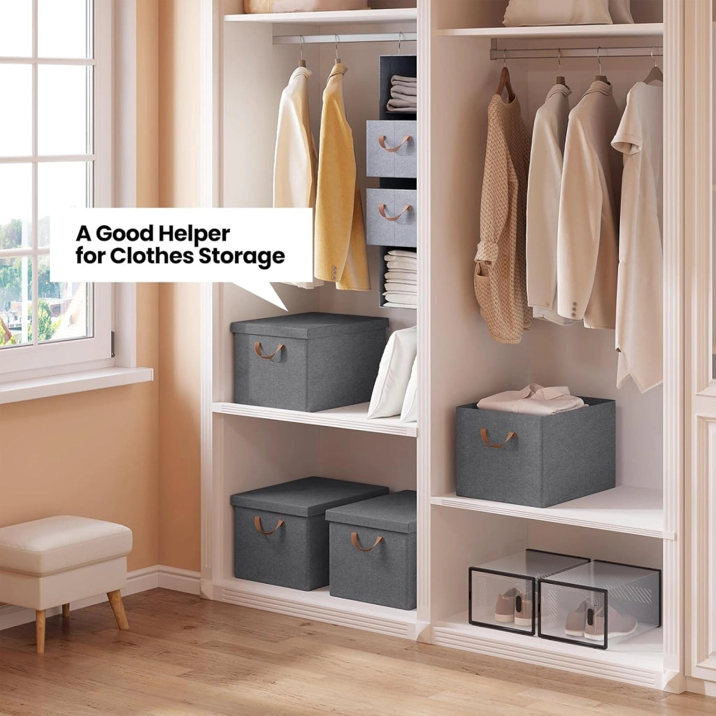 Scatole portaoggetti in Tessuto 10 Pezzi, Contenitori pieghevoli con Coperchio e Maniglie, per Vestiti da Armadio, Grigio, 48x36x30cm