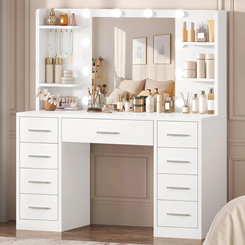 Toeletta Trucco con Luci,3 colori, luminosità regolabile, Grande Specchio, Postazione Trucco con 9 Cassetti, 4 Ripiani Aperti e 5 Ganci per Gioielli per la Camera da Letto, Bianco