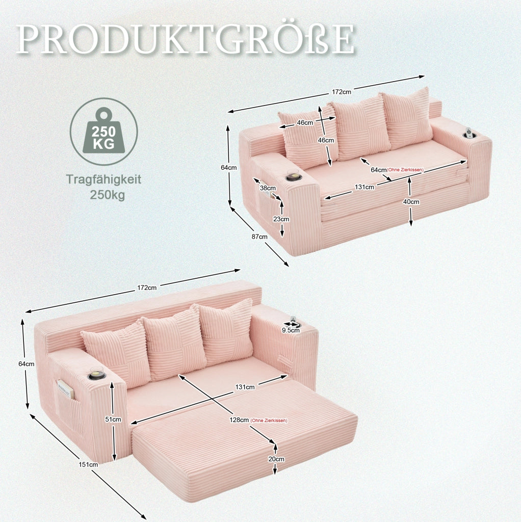 Divano modulare in velluto a coste; 172x87x64 cm; rosa