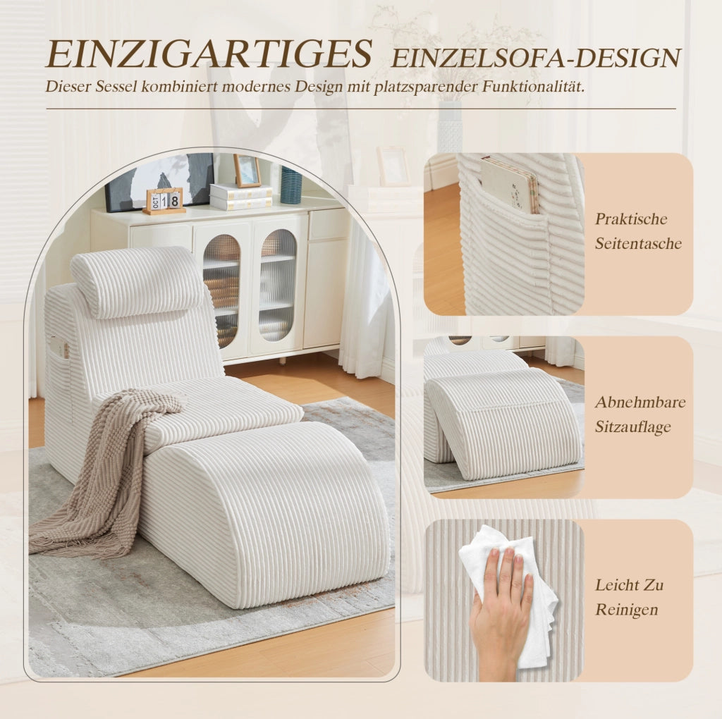 Poltrona ergonomica in velluto a coste con cuscino removibile e tasca laterale; beige; 160x66x90 cm