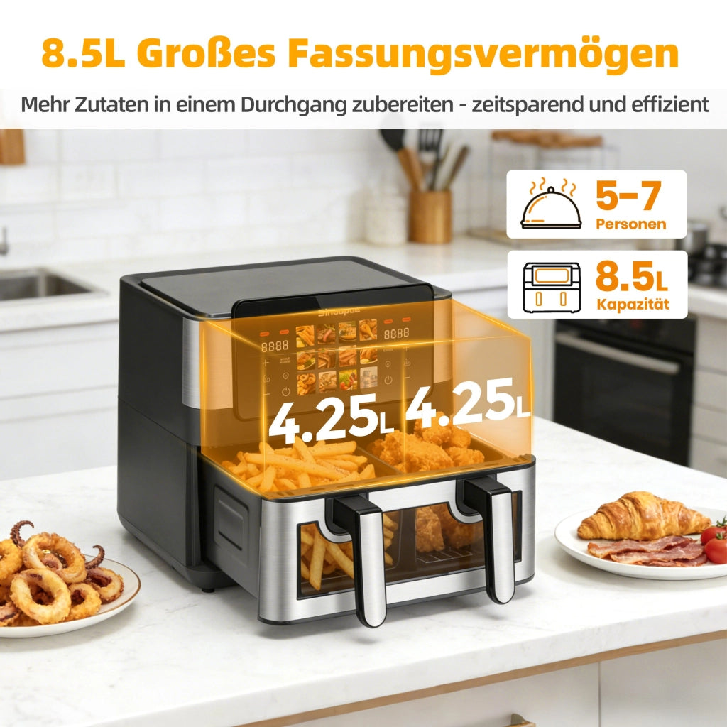 Friggitrice ad aria a camera singola/doppia da 8,5 litri, 12 programmi, con obl¨° di visualizzazione, 2 camere, touchscreen, temperatura massima 200¡æ
