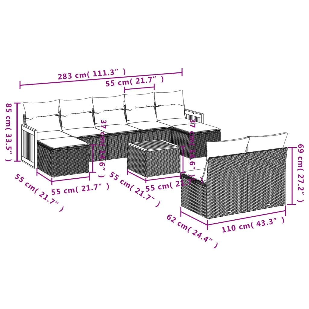 Set Divano da Giardino 10 pz con Cuscini Beige in Polyrattan