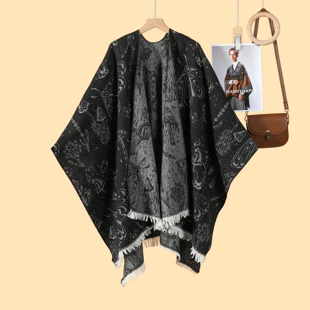 Nuovo mantello/cappotto caldo da donna in jacquard double face, stile pastorale, con spacco laterale.