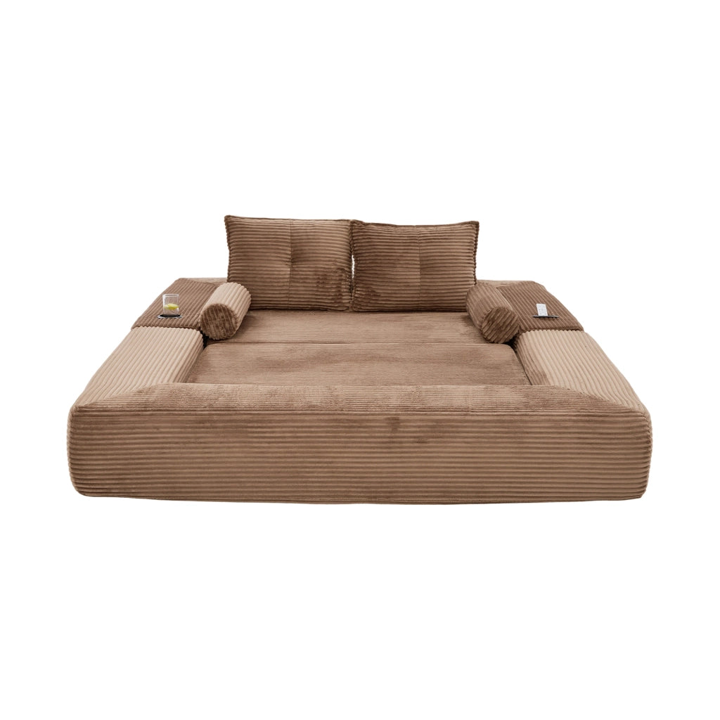 Divano letto multifunzionale in corduroy con tasche laterali, portabicchieri e cuscini memory