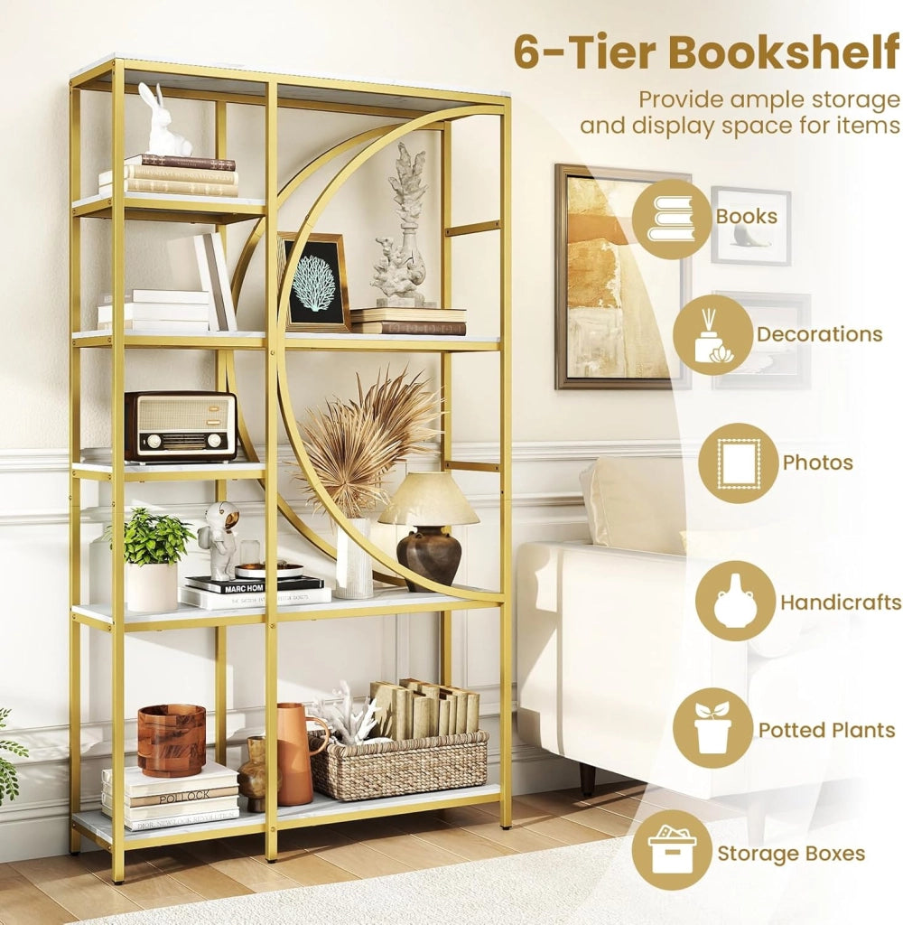 Libreria a Mezza Luna a 6 Livelli, 100 x 30 x 177 cm, con Struttura in Metallo e Ripiani Aperti, per Soggiorno e Ufficio