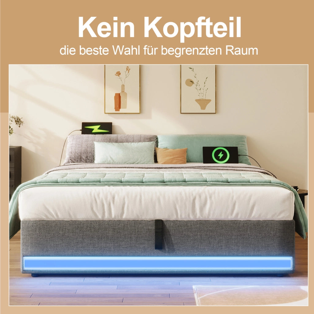 DESMIU Letto matrimoniale 140 × 200 cm 2 posti con LED, USB, Type-C e vano idraulico, senza materasso, in lino, grigio