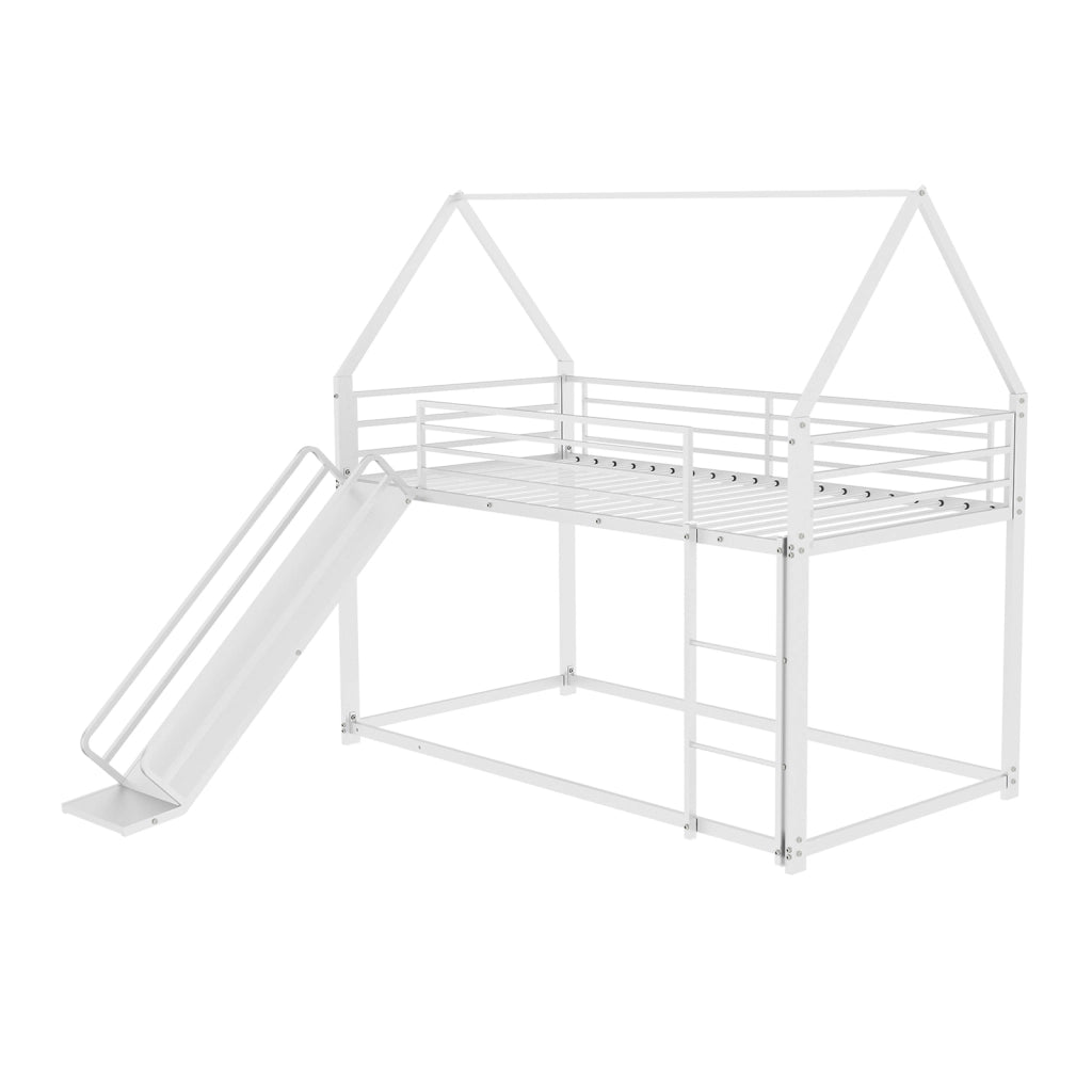 Letto a castello a casetta con scivolo e scala; metallo bianco; 90x190 cm; senza materasso