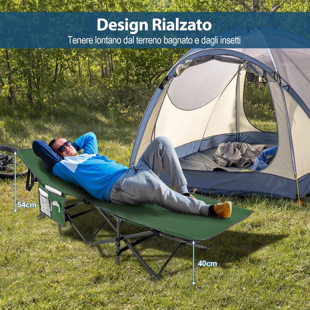 Brandina da Campeggio Pieghevole, Letto Portatile con Poggiatesta Inclinato, Tasca Laterale e Borsa di Trasporto, Branda Campeggio per Backpacking, Ospiti e Pesca, Portata 272 kg