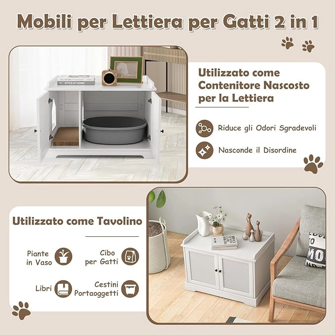 Mobile per Lettiera per Gatti, Casetta per Gatti con Tiragraffi, Divisorio Regolabile, Ante e Ingresso Laterale, Mobiletto Versatile e Moderno per Salotto, 75 x 51 x 53 cm, Bianco