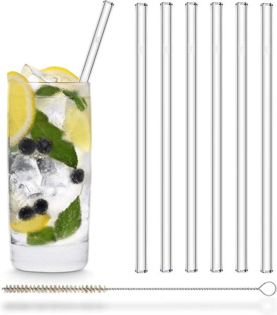 Set di stecchi in vetro riutilizzabili - 6 pezzi rettilinei 20 cm - Spazzola per la pulizia senza plastica - Resistente alla lavastoviglie - Sostenibile - Stecchi per cocktail smoothie succo