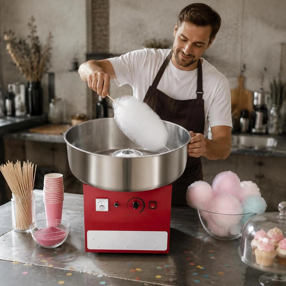 Electric Cotton Candy Machine, Commercial Cotton Candy Equipment (1000 W) With 52 Cm Stainless Steel Bowl, Sugar Scoop, And Drawer, Perfect For Children's Birthdays, Family Celebrations, And Parties. Red