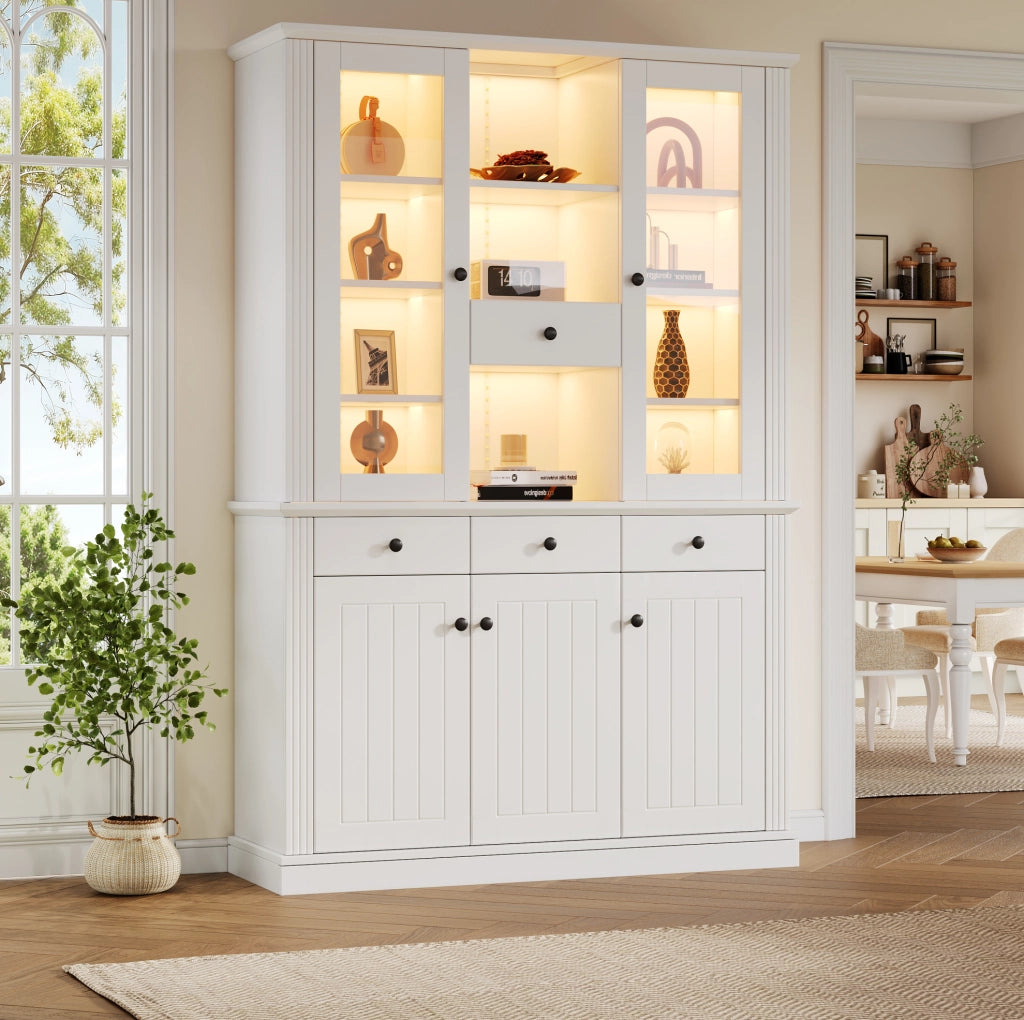 Vetrina alta con LED 119;5 x 40 x 180 cm in MDF e vetro temperato bianco