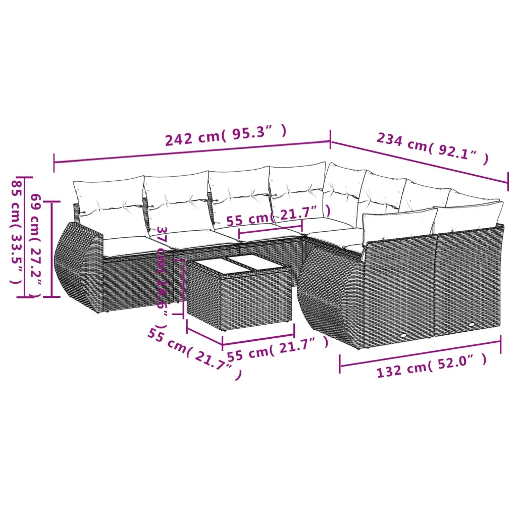 Set Divano da Giardino 9 pz con Cuscini Beige in Polyrattan