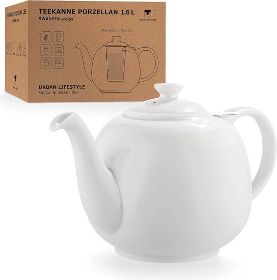 Teapot in Porcellana con Filtro 1,6 L - Resistenti alle Piccole Pietre, Lavabile in Lavastoviglie e di Stile