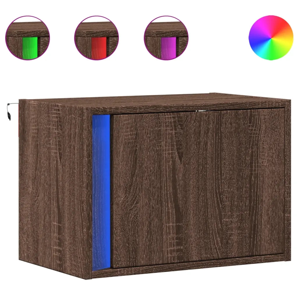 Set di 2 Comodini | Armadio da Notte | Mobiletto da notte a Parete con luci LED Rovere Marrone
